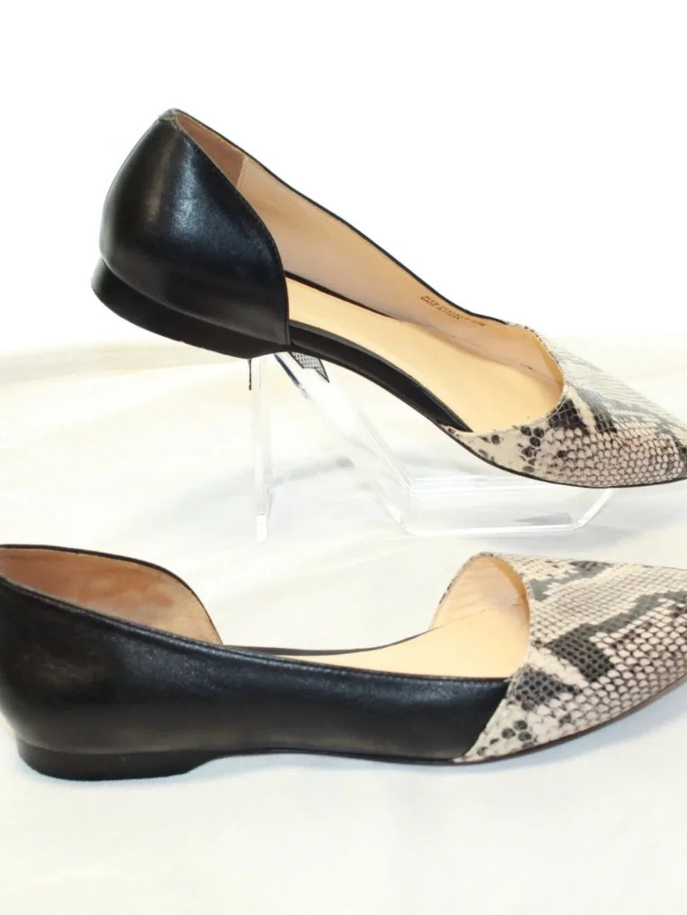 Cole Haan SZ 8.5 B Black Leather Snakeskin Print Pointy Toe Amalia D'orsay Flats
